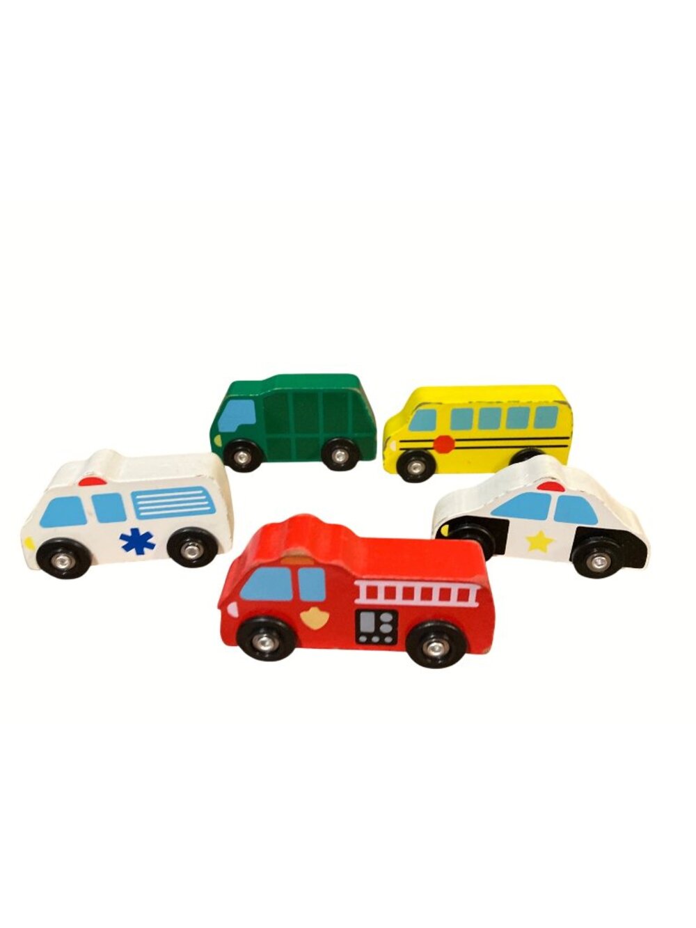 Wooden Toy Vehicle Set  Police Fire Ambulance Bus Garbage Truck